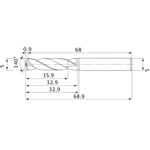 MVE0500X03S050 DP1020 5 mm Dia. × 5 mm Shank × 32.9 mm Flute Length × 68.9 mm OAL, 140°, 2 Flute, External Coolant, Solid Carbide Drill