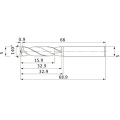MVE0500X03S050 DP1020 5 mm Dia. × 5 mm Shank × 32.9 mm Flute Length × 68.9 mm OAL, 140°, 2 Flute, External Coolant, Solid Carbide Drill