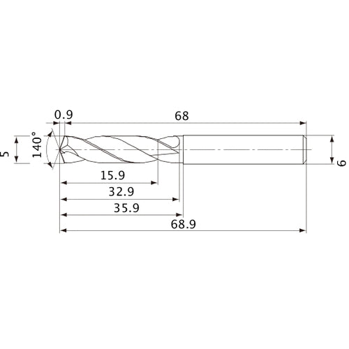 MVE0500X03S060 DP1020 5 mm Dia. × 6 mm Shank × 32.9 mm Flute Length × 68.9 mm OAL, 140°, 2 Flute, External Coolant, Solid Carbide Drill