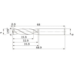 MVE0500X03S060 DP1020 5 mm Dia. × 6 mm Shank × 32.9 mm Flute Length × 68.9 mm OAL, 140°, 2 Flute, External Coolant, Solid Carbide Drill