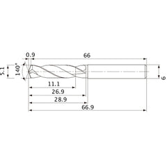 MVE0510X02S060 DP1020 5.1 mm Dia. × 6 mm Shank × 26.9 mm Flute Length × 66.9 mm OAL, 140°, 2 Flute, External Coolant, Solid Carbide Drill