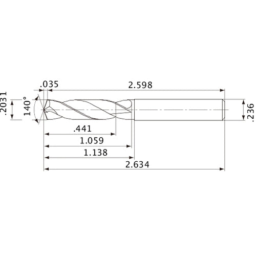 MVE0516X02S060 DP1020 0.2031″ Dia. × 0.236″ Shank × 1.059″ Flute Length × 2.634″ OAL, 140°, 2 Flute, External Coolant, Solid Carbide Drill