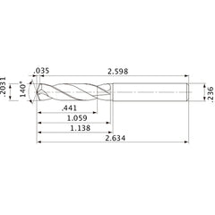 MVE0516X02S060 DP1020 0.2031″ Dia. × 0.236″ Shank × 1.059″ Flute Length × 2.634″ OAL, 140°, 2 Flute, External Coolant, Solid Carbide Drill
