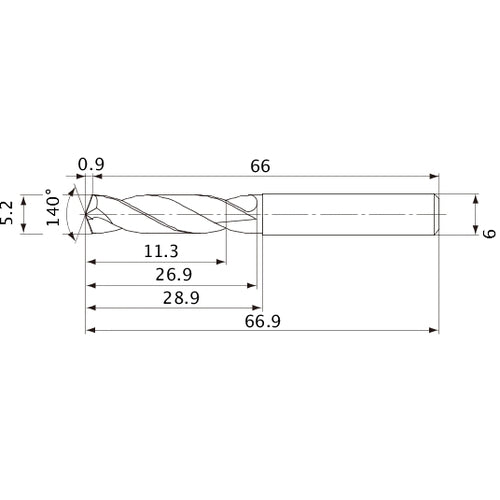 MVE0520X02S060 DP1020 5.2 mm Dia. × 6 mm Shank × 26.9 mm Flute Length × 66.9 mm OAL, 140°, 2 Flute, External Coolant, Solid Carbide Drill