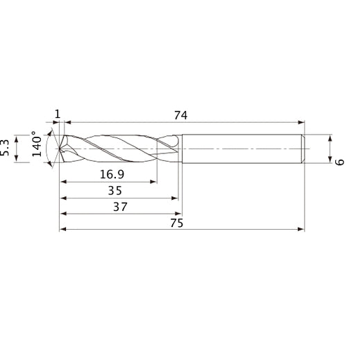 MVE0530X03S060 DP1020 5.3 mm Dia. × 6 mm Shank × 35 mm Flute Length × 75 mm OAL, 140°, 2 Flute, External Coolant, Solid Carbide Drill