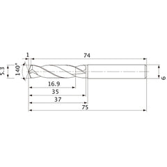 MVE0530X03S060 DP1020 5.3 mm Dia. × 6 mm Shank × 35 mm Flute Length × 75 mm OAL, 140°, 2 Flute, External Coolant, Solid Carbide Drill