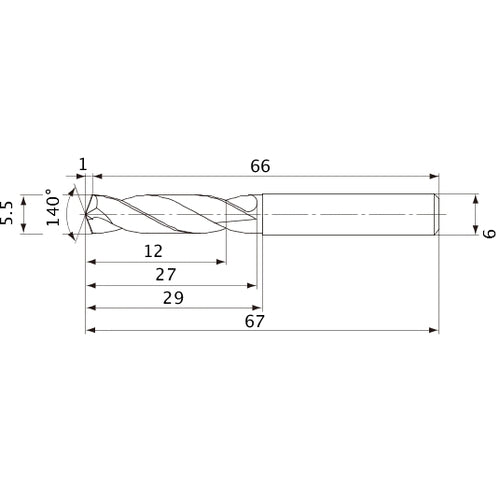 MVE0550X02S060 DP1020 5.5 mm Dia. × 6 mm Shank × 27 mm Flute Length × 67 mm OAL, 140°, 2 Flute, External Coolant, Solid Carbide Drill