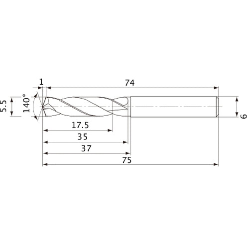 MVE0550X03S060 DP1020 5.5 mm Dia. × 6 mm Shank × 35 mm Flute Length × 75 mm OAL, 140°, 2 Flute, External Coolant, Solid Carbide Drill