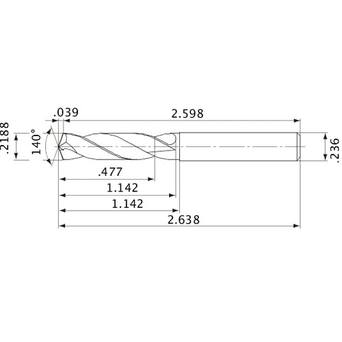 MVE0556X02S060 DP1020 0.2188″ Dia. × 0.236″ Shank × 1.142″ Flute Length × 2.638″ OAL, 140°, 2 Flute, External Coolant, Solid Carbide Drill