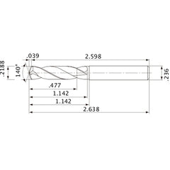 MVE0556X02S060 DP1020 0.2188″ Dia. × 0.236″ Shank × 1.142″ Flute Length × 2.638″ OAL, 140°, 2 Flute, External Coolant, Solid Carbide Drill