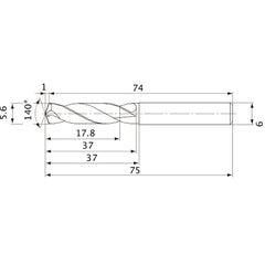 MVE0560X03S060 DP1020 5.6 mm Dia. × 6 mm Shank × 37 mm Flute Length × 75 mm OAL, 140°, 2 Flute, External Coolant, Solid Carbide Drill