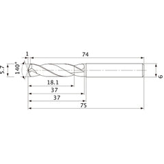 MVE0570X03S060 DP1020 5.7 mm Dia. × 6 mm Shank × 37 mm Flute Length × 75 mm OAL, 140°, 2 Flute, External Coolant, Solid Carbide Drill