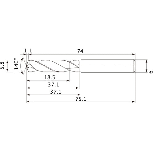 MVE0580X03S060 DP1020 5.8 mm Dia. × 6 mm Shank × 37.1 mm Flute Length × 75.1 mm OAL, 140°, 2 Flute, External Coolant, Solid Carbide Drill