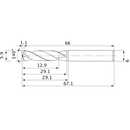 MVE0590X02S060 DP1020 5.9 mm Dia. × 6 mm Shank × 29.1 mm Flute Length × 67.1 mm OAL, 140°, 2 Flute, External Coolant, Solid Carbide Drill