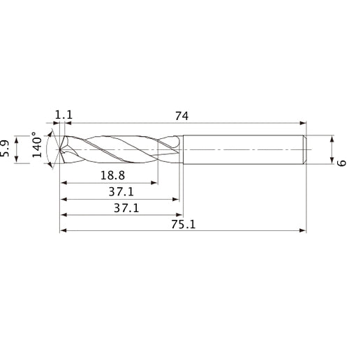 MVE0590X03S060 DP1020 5.9 mm Dia. × 6 mm Shank × 37.1 mm Flute Length × 75.1 mm OAL, 140°, 2 Flute, External Coolant, Solid Carbide Drill