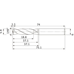 MVE0590X03S060 DP1020 5.9 mm Dia. × 6 mm Shank × 37.1 mm Flute Length × 75.1 mm OAL, 140°, 2 Flute, External Coolant, Solid Carbide Drill