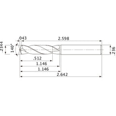 MVE0595X02S060 DP1020 0.2344″ Dia. × 0.236″ Shank × 1.146″ Flute Length × 2.642″ OAL, 140°, 2 Flute, External Coolant, Solid Carbide Drill