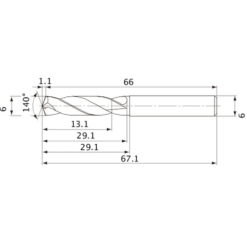 MVE0600X02S060 DP1020 6 mm Dia. × 6 mm Shank × 29.1 mm Flute Length × 67.1 mm OAL, 140°, 2 Flute, External Coolant, Solid Carbide Drill
