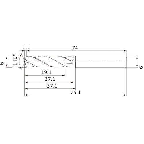MVE0600X03S060 DP1020 6 mm Dia. × 6 mm Shank × 37.1 mm Flute Length × 75.1 mm OAL, 140°, 2 Flute, External Coolant, Solid Carbide Drill