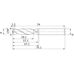 MVE0600X03S060 DP1020 6 mm Dia. × 6 mm Shank × 37.1 mm Flute Length × 75.1 mm OAL, 140°, 2 Flute, External Coolant, Solid Carbide Drill