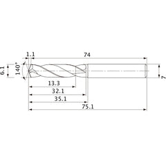MVE0610X02S070 DP1020 6.1 mm Dia. × 7 mm Shank × 32.1 mm Flute Length × 75.1 mm OAL, 140°, 2 Flute, External Coolant, Solid Carbide Drill