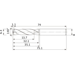 MVE0630X02S080 DP1020 6.3 mm Dia. × 8 mm Shank × 32.1 mm Flute Length × 75.1 mm OAL, 140°, 2 Flute, External Coolant, Solid Carbide Drill
