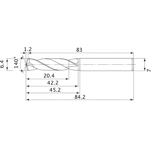 MVE0640X03S070 DP1020 6.4 mm Dia. × 7 mm Shank × 42.2 mm Flute Length × 84.2 mm OAL, 140°, 2 Flute, External Coolant, Solid Carbide Drill