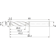 MVE0640X03S080 DP1020 6.4 mm Dia. × 8 mm Shank × 42.2 mm Flute Length × 84.2 mm OAL, 140°, 2 Flute, External Coolant, Solid Carbide Drill