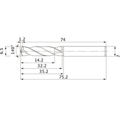 MVE0650X02S070 DP1020 6.5 mm Dia. × 7 mm Shank × 32.2 mm Flute Length × 75.2 mm OAL, 140°, 2 Flute, External Coolant, Solid Carbide Drill
