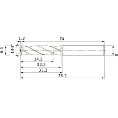 MVE0650X02S080 DP1020 6.5 mm Dia. × 8 mm Shank × 32.2 mm Flute Length × 75.2 mm OAL, 140°, 2 Flute, External Coolant, Solid Carbide Drill