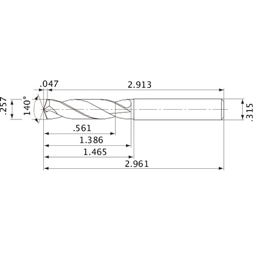 MVE0653X02S080 DP1020 0.257″ Dia. × 0.315″ Shank × 1.386″ Flute Length × 2.961″ OAL, 140°, 2 Flute, External Coolant, Solid Carbide Drill
