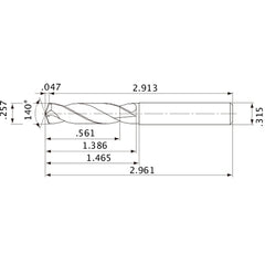 MVE0653X02S080 DP1020 0.257″ Dia. × 0.315″ Shank × 1.386″ Flute Length × 2.961″ OAL, 140°, 2 Flute, External Coolant, Solid Carbide Drill