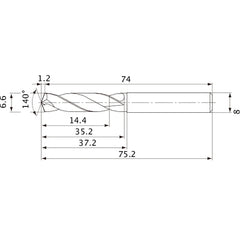 MVE0660X02S080 DP1020 6.6 mm Dia. × 8 mm Shank × 35.2 mm Flute Length × 75.2 mm OAL, 140°, 2 Flute, External Coolant, Solid Carbide Drill