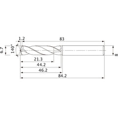 MVE0670X03S080 DP1020 6.7 mm Dia. × 8 mm Shank × 44.2 mm Flute Length × 84.2 mm OAL, 140°, 2 Flute, External Coolant, Solid Carbide Drill