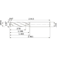 MVE0675X02S080 DP1020 0.2656″ Dia. × 0.315″ Shank × 1.386″ Flute Length × 2.961″ OAL, 140°, 2 Flute, External Coolant, Solid Carbide Drill
