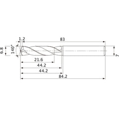 MVE0680X03S070 DP1020 6.8 mm Dia. × 7 mm Shank × 44.2 mm Flute Length × 84.2 mm OAL, 140°, 2 Flute, External Coolant, Solid Carbide Drill