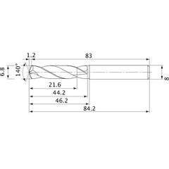 MVE0680X03S080 DP1020 6.8 mm Dia. × 8 mm Shank × 44.2 mm Flute Length × 84.2 mm OAL, 140°, 2 Flute, External Coolant, Solid Carbide Drill