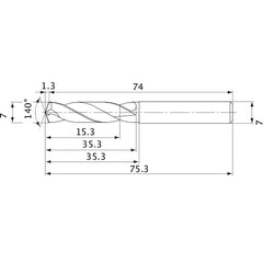 MVE0700X02S070 DP1020 7 mm Dia. × 7 mm Shank × 35.3 mm Flute Length × 75.3 mm OAL, 140°, 2 Flute, External Coolant, Solid Carbide Drill
