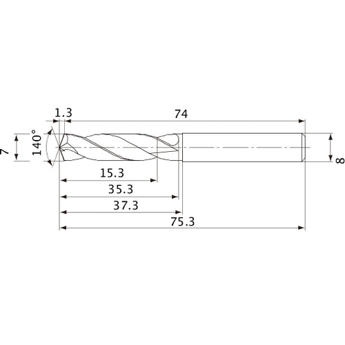 MVE0700X02S080 DP1020 7 mm Dia. × 8 mm Shank × 35.3 mm Flute Length × 75.3 mm OAL, 140°, 2 Flute, External Coolant, Solid Carbide Drill