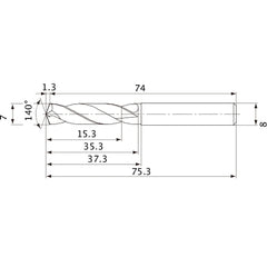 MVE0700X02S080 DP1020 7 mm Dia. × 8 mm Shank × 35.3 mm Flute Length × 75.3 mm OAL, 140°, 2 Flute, External Coolant, Solid Carbide Drill