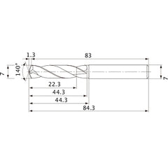 MVE0700X03S070 DP1020 7 mm Dia. × 7 mm Shank × 44.3 mm Flute Length × 84.3 mm OAL, 140°, 2 Flute, External Coolant, Solid Carbide Drill