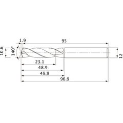 MVE1060X02S120 DP1020 10.6 mm Dia. × 12 mm Shank × 48.9 mm Flute Length × 96.9 mm OAL, 140°, 2 Flute, External Coolant, Solid Carbide Drill