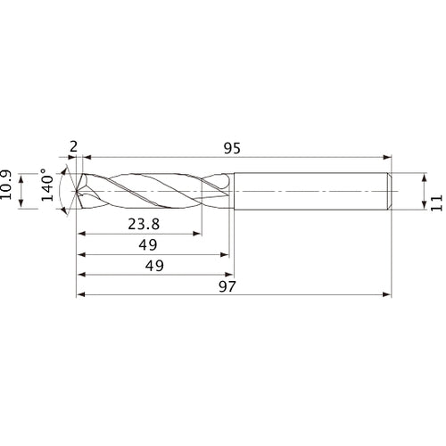 MVE1090X02S110 DP1020 10.9 mm Dia. × 11 mm Shank × 49 mm Flute Length × 97 mm OAL, 140°, 2 Flute, External Coolant, Solid Carbide Drill