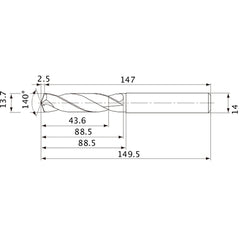 MVE1370X03S140 DP1020 13.7 mm Dia. × 14 mm Shank × 88.5 mm Flute Length × 149.5 mm OAL, 140°, 2 Flute, External Coolant, Solid Carbide Drill