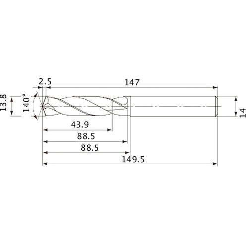 MVE1380X03S140 DP1020 13.8 mm Dia. × 14 mm Shank × 88.5 mm Flute Length × 149.5 mm OAL, 140°, 2 Flute, External Coolant, Solid Carbide Drill