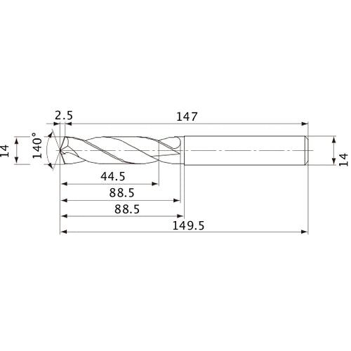 MVE1400X03S140 DP1020 14 mm Dia. × 14 mm Shank × 88.5 mm Flute Length × 149.5 mm OAL, 140°, 2 Flute, External Coolant, Solid Carbide Drill