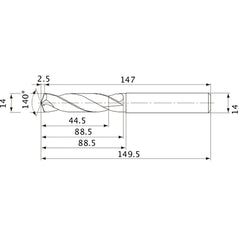 MVE1400X03S140 DP1020 14 mm Dia. × 14 mm Shank × 88.5 mm Flute Length × 149.5 mm OAL, 140°, 2 Flute, External Coolant, Solid Carbide Drill