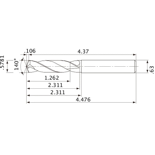 MVE1468X02S160 DP1020 0.5781″ Dia. × 0.63″ Shank × 2.311″ Flute Length × 4.476″ OAL, 140°, 2 Flute, External Coolant, Solid Carbide Drill