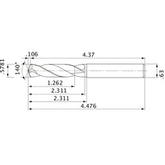MVE1468X02S160 DP1020 0.5781″ Dia. × 0.63″ Shank × 2.311″ Flute Length × 4.476″ OAL, 140°, 2 Flute, External Coolant, Solid Carbide Drill