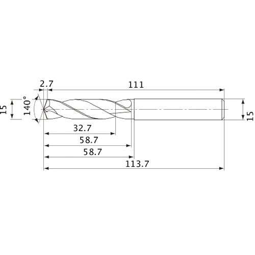 MVE1500X02S150 DP1020 15 mm Dia. × 15 mm Shank × 58.7 mm Flute Length × 113.7 mm OAL, 140°, 2 Flute, External Coolant, Solid Carbide Drill